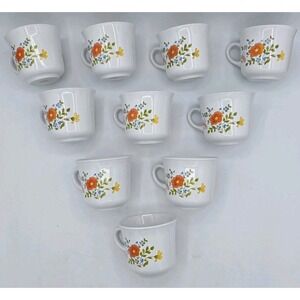 10 Set Lot - Corning Ware 70s Corelle Wildflower Coffee Tea Cups‎ Mugs - VG